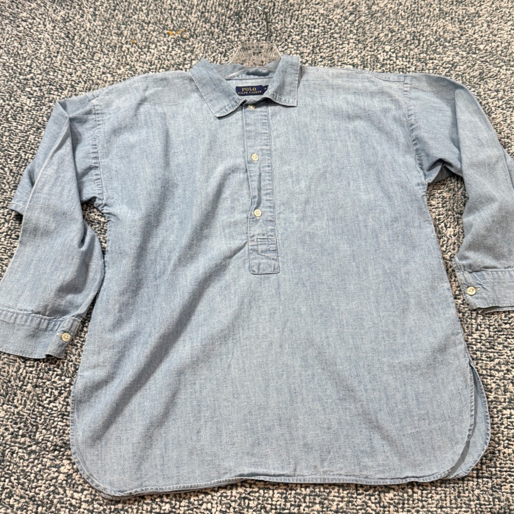 Polo Ralph Lauren Womens Blue Chambray Popover Shirt Size 10 Long Sleeve Cotton